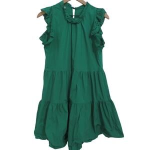 Saiph Womens Size M Green Tiered Midi Dress Eyelet Ruffle Details Spring Dress